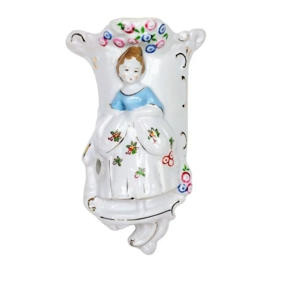 VTG 40s Hand Painted  Porcelain Victorian Lady & Flowers Pocket Wall Vase Japan
